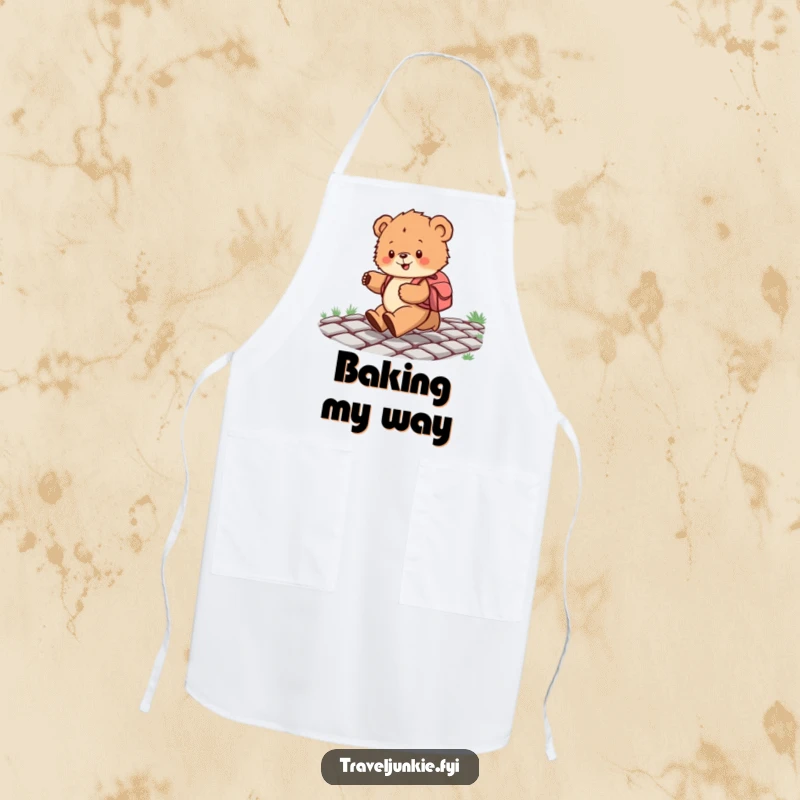 Funny apron showcasing a bear cub with a backpack skipping happily, designed for kitchen use to bring humor and charm to cooking.
