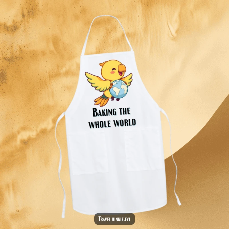 Funny parrot apron, kitchen wear with a joyful bird flying with a miniature globe, a humorous and practical gift.