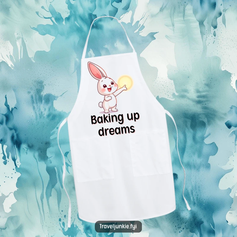 Funny apron featuring a bunny pointing at a shimmering horizon, designed for kitchen use to add inspirational humor and a positive theme.