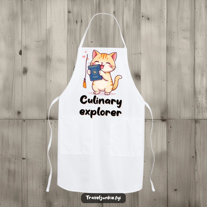 Funny cat apron, wearing a chef hat and playfully batting at a passport tag, ready for kitchen adventures.