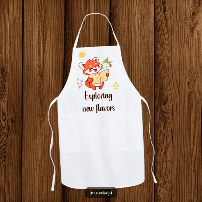 Funny Red Panda Apron: A happy red panda holds a map and points towards an unknown destination, protecting clothes with humor.