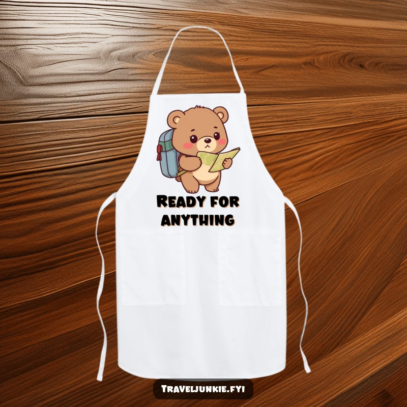 Funny bear apron showing a determined character with a backpack, examining a map, ready for humorous kitchen expeditions.