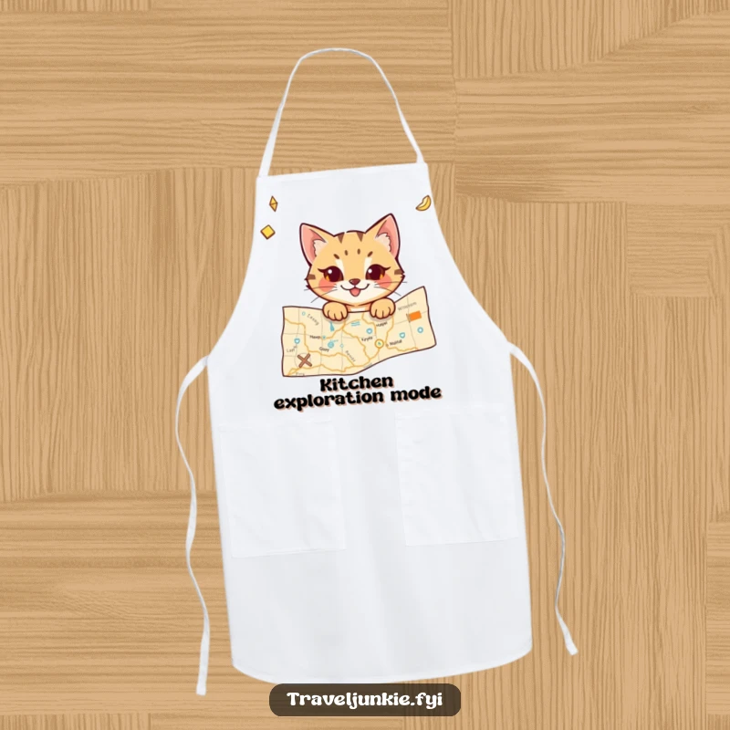 Funny cat apron showing a mischievous character peeking from a travel map, ideal for kitchen tasks with a humorous travel theme.