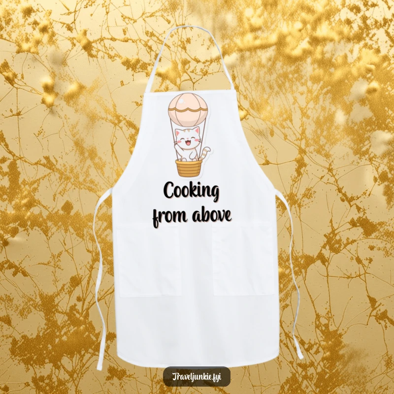 Funny cat apron showing a joyful character riding in a miniature hot air balloon, ready for humorous kitchen adventures.
