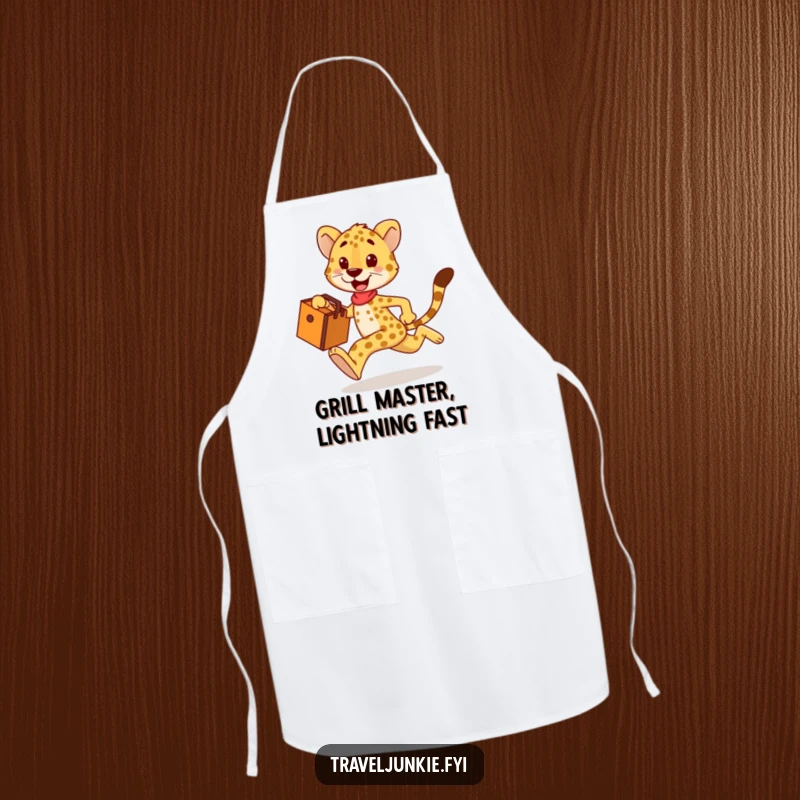 Funny cheetah apron, kitchen wear with a happy character sprinting with a travel bag, a humorous and practical gift.