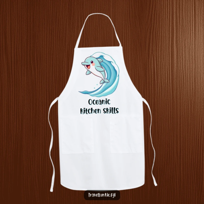 Funny dolphin apron showing a jubilant character leaping from a stylized ocean wave, ideal for kitchen tasks with a humorous ocean theme.