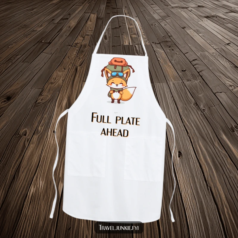 Funny apron featuring a determined fox balancing an overflowing bag, perfect for cooks who love a humorous kitchen accessory.
