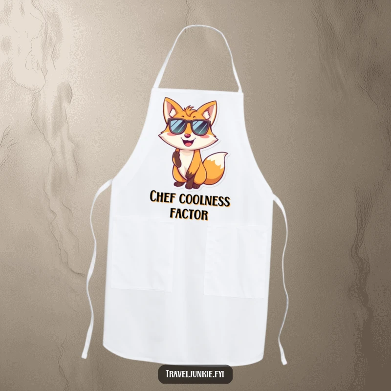 Funny fox apron showing a smiling character wearing sunglasses and posing coolly, ready for humorous kitchen creations.