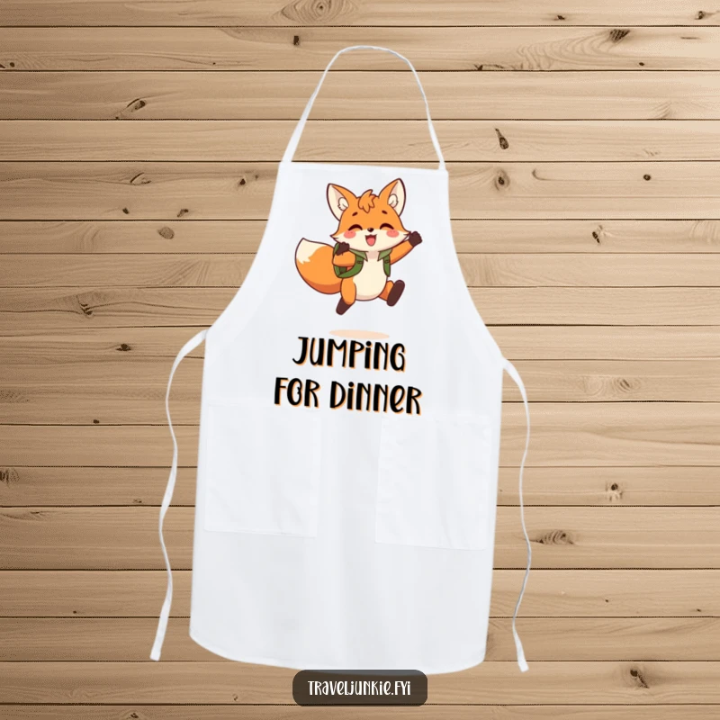 Funny Fox Jump Apron: A practical apron showcasing a playful fox with a backpack leaping triumphantly, great for kitchen adventurers.