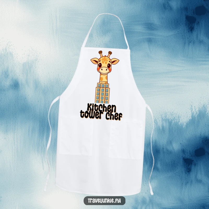 Funny giraffe apron showing a cheerful character peering over a stylized skyscraper, ideal for kitchen tasks with a humorous urban theme.