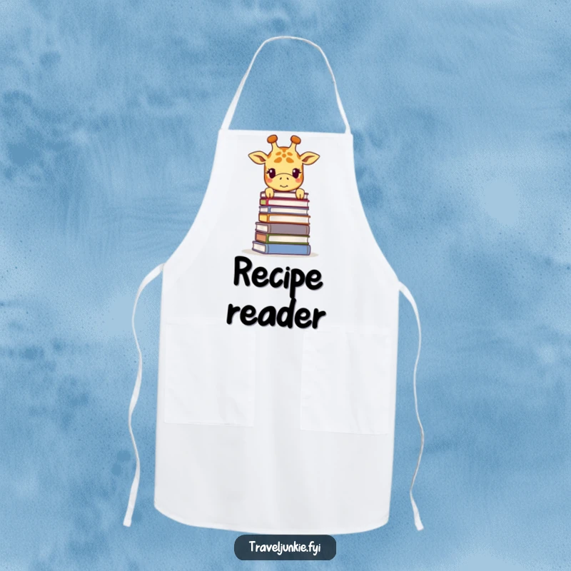 Funny giraffe apron, wearing a chef hat and peering over a large stack of cookbooks, ready for culinary learning.