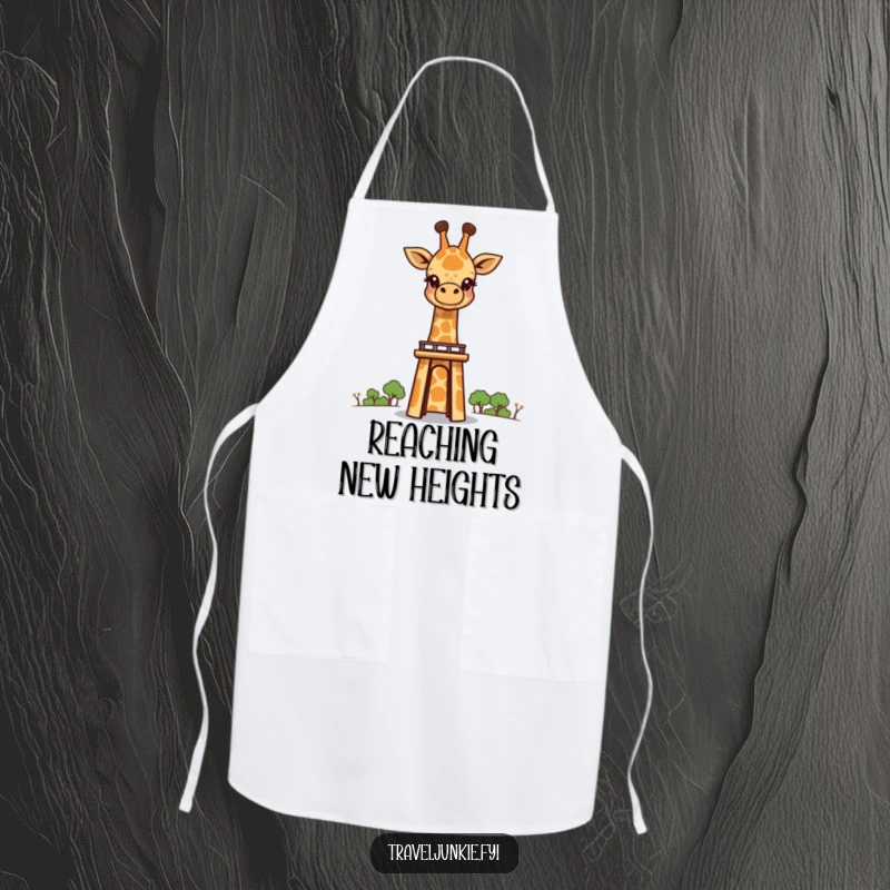 Funny giraffe character peeking over a tall landmark, featured on a kitchen apron, perfect for culinary inspiration.