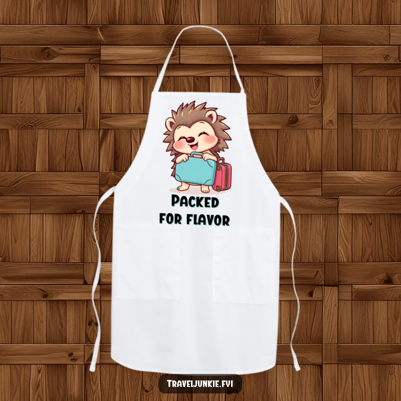 Funny hedgehog apron with a cheerful character joyfully posing with a tiny suitcase, adding humor to kitchen tasks.