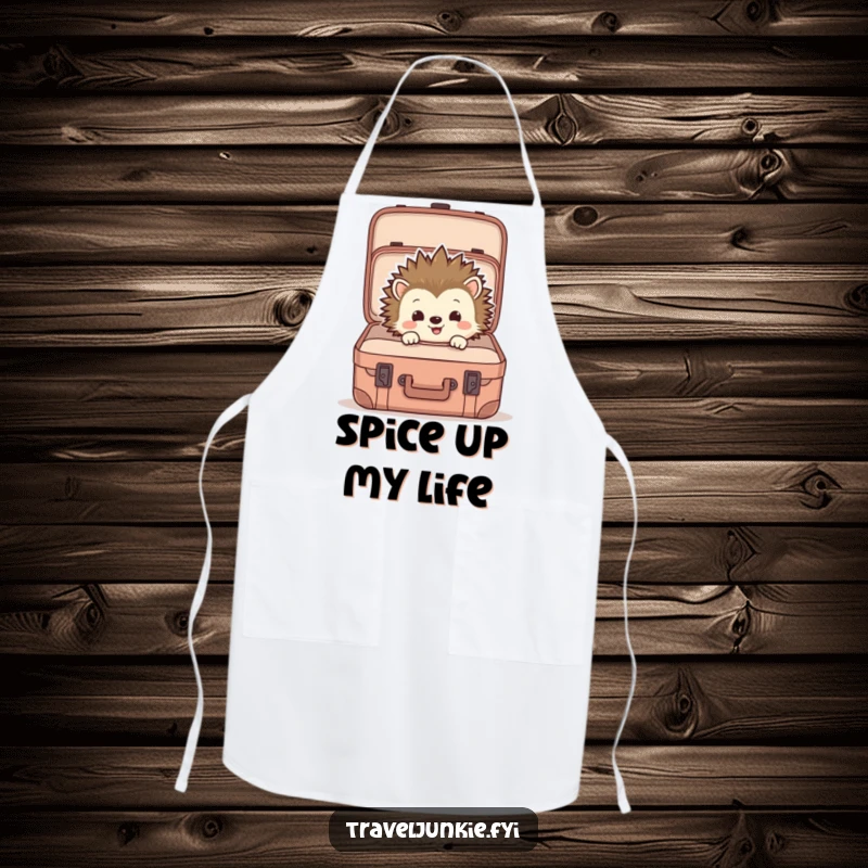 Funny apron featuring a hedgehog peeking into a suitcase, designed for kitchen use to add humor and a travel theme.