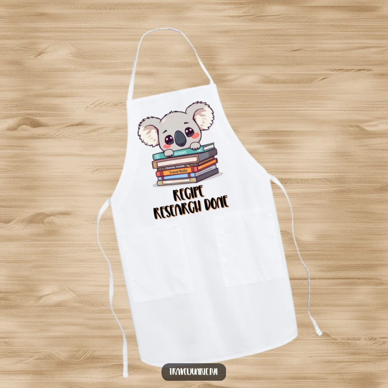 Funny koala character peeking from travel guides with big eyes, featured on a practical and amusing kitchen apron.