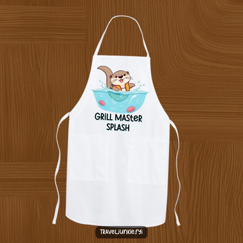 Funny otter wearing a life vest, comically diving into a tiny ocean, a humorous apron for kitchen adventures.