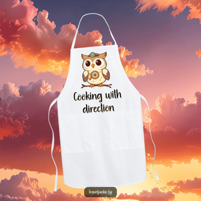 Funny Owl Navigator Apron: A determined owl with a compass, ready to guide your cooking adventures, a funny kitchen essential.