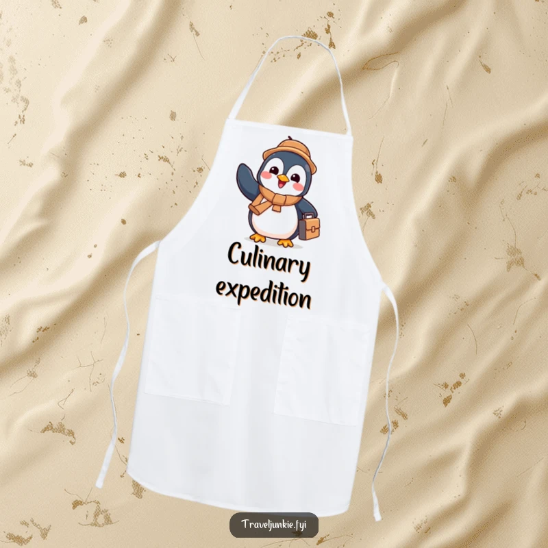 Funny penguin with a tiny suitcase waving goodbye, ready to cook up a storm, humorous apron gift.