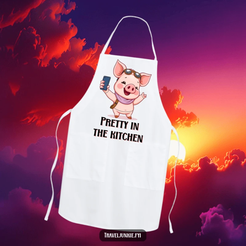 Funny Apron: A giggling piglet tourist takes a selfie, ready for funny kitchen creations.