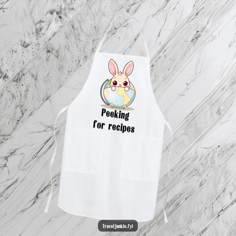Funny Rabbit Apron: A practical apron showcasing a curious rabbit peeking out from behind a world globe, perfect for kitchen adventurers.