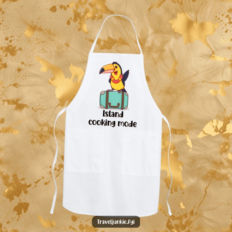 Funny toucan with a lei, playfully balancing on a suitcase, a humorous apron for cooking and baking adventures.
