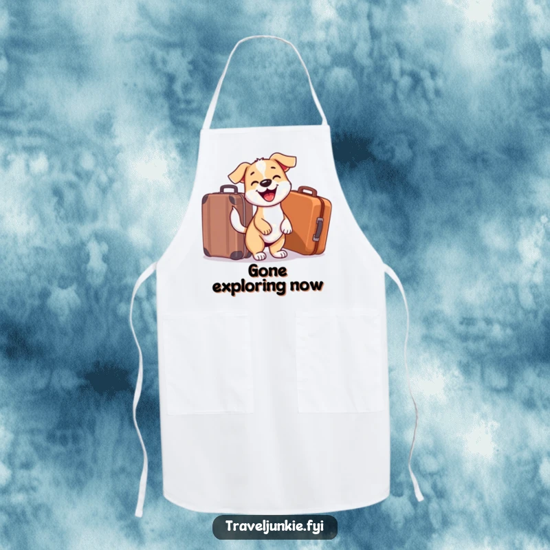 Funny Dog Apron: Happy traveling dog by a suitcase, adding humor and charm to kitchen tasks, ideal for pet-loving chefs.