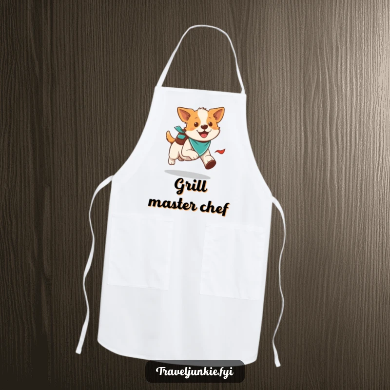 Funny energetic dog running with a bandana and backpack, ready for kitchen adventures, humorous apron gift.