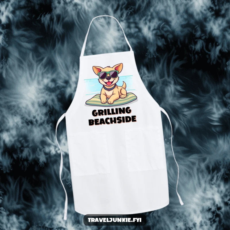 Funny apron with a smiling dog wearing sunglasses on a beach, ideal for BBQ fun and a great funny gift.
