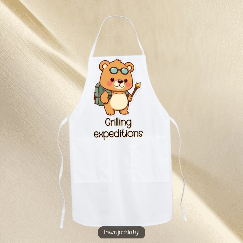 Funny apron depicts a determined bear with a backpack and compass, ready for humorous cooking adventures outdoors.