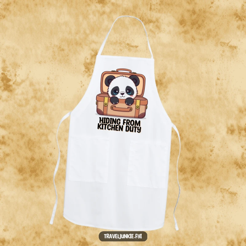 Funny panda apron, kitchen wear with a curious character peeking from a suitcase, a humorous and practical gift.