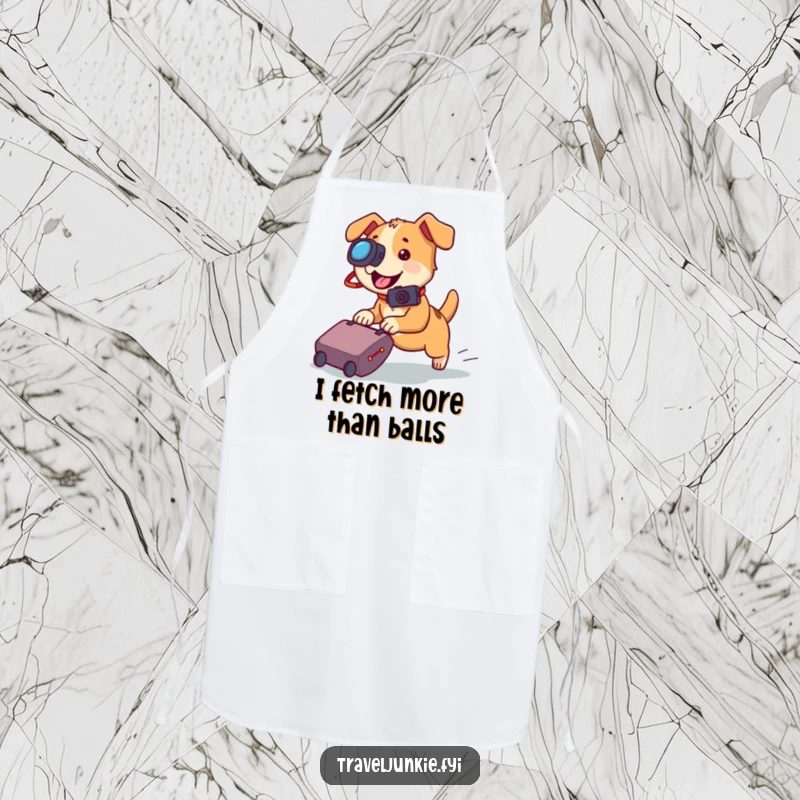 Funny dog apron, a playful dog wearing a camera, chasing a rolling suitcase, a humorous cooking accessory.