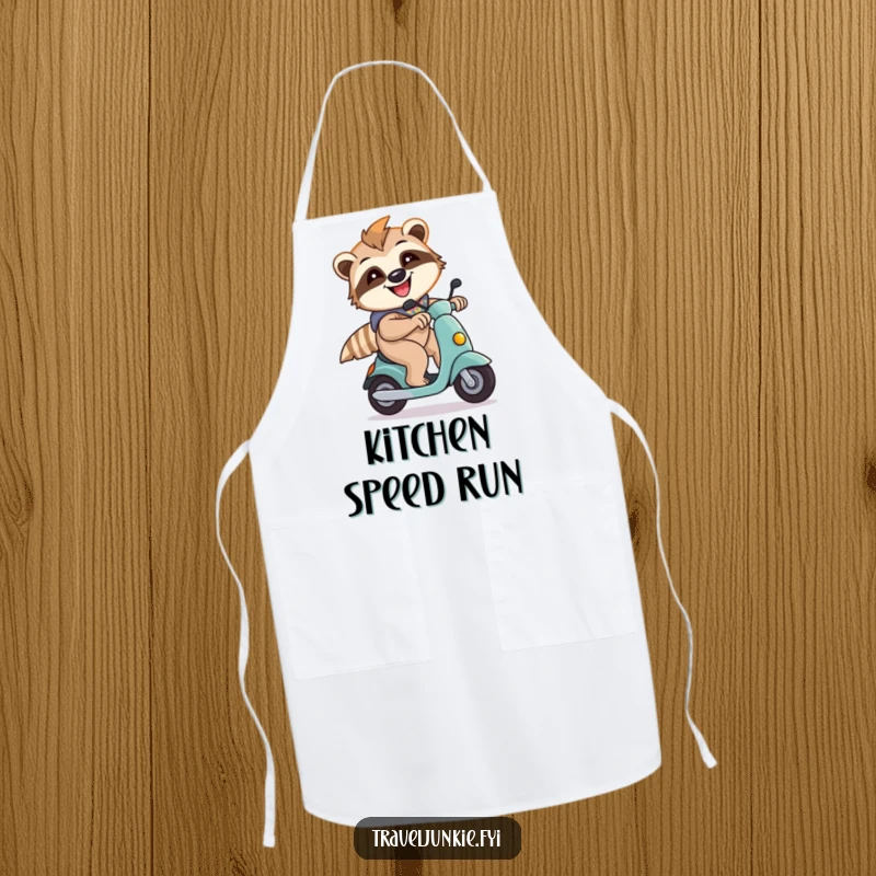 Funny sloth character zipping on a scooter, featured on a kitchen apron, perfect for culinary fun and protection.