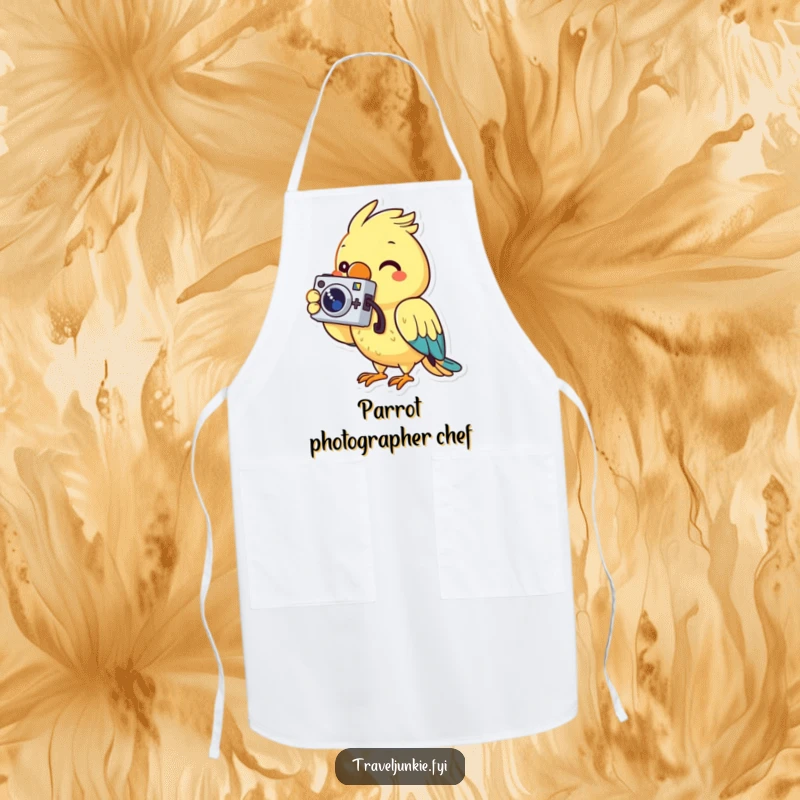 Funny apron showing a cheerful parrot character holding a tiny camera, bringing a creative flair to cooking.