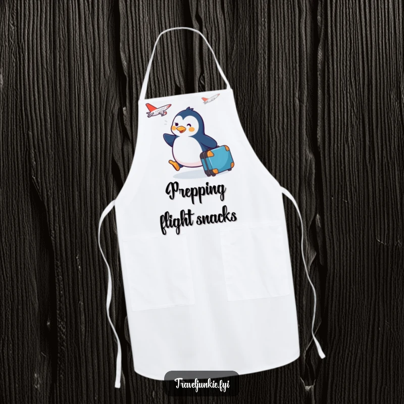 Funny happy penguin with a suitcase waddling towards a plane, featured on a practical and amusing kitchen apron.