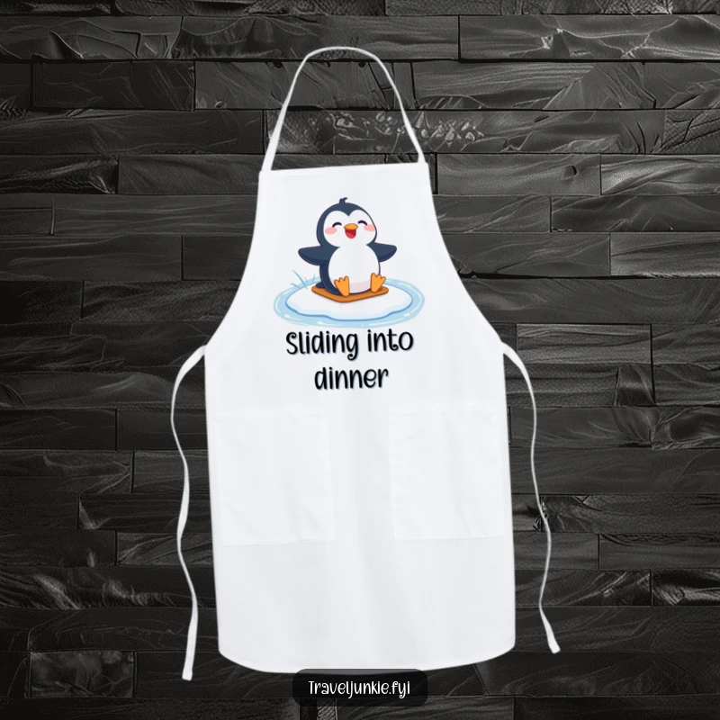 Funny apron depicting a joyful penguin character sliding on a frozen lake, adding humor to cooking.