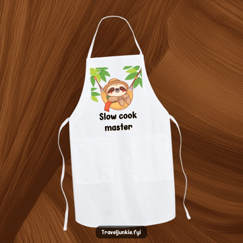 Funny Sloth Traveler Apron: A content sloth relaxing in a hammock, suitable for kitchen relaxation, a funny gift.