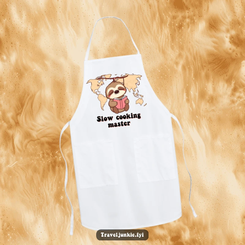 Funny sloth dangling from a world map, holding a journal, on a practical and humorous apron.