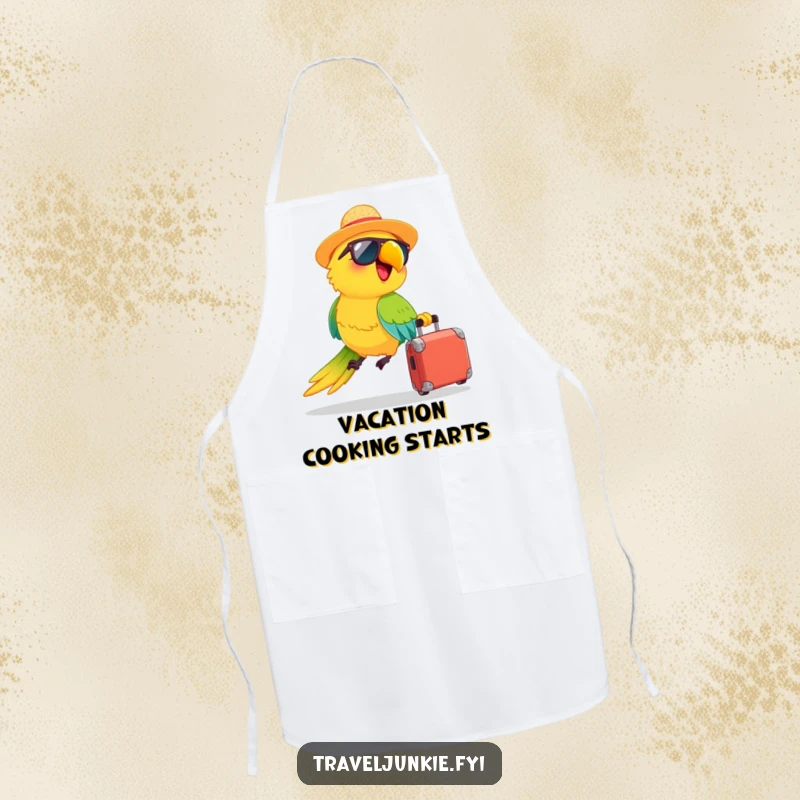Funny apron: a happy parrot wearing a straw hat and sunglasses zooms with a suitcase, adding humorous tropical flair to cooking.