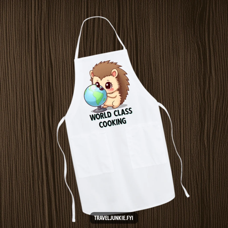 Funny hedgehog apron showing a curious character with wide eyes, examining a globe, ready for humorous culinary adventures.