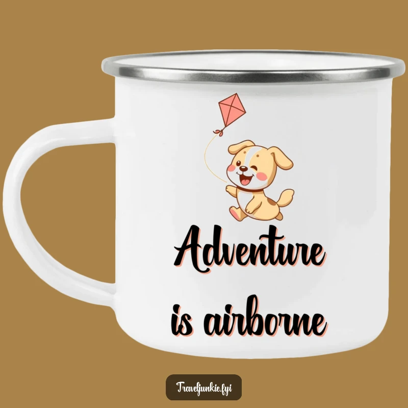 Funny Dog Kite Chase Camping Mug: Adventure Pup's Warm Drink, Hilarious Outdoor Funny Gift!