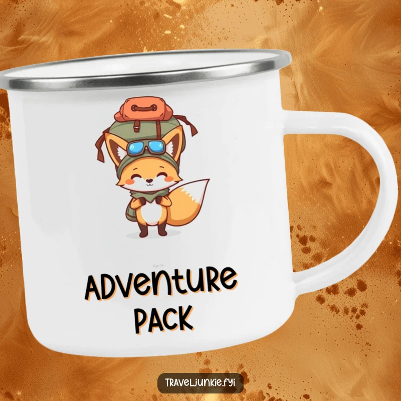 Funny camping mug with a determined fox balancing an overflowing travel bag, perfect for outdoor enthusiasts and humor lovers.