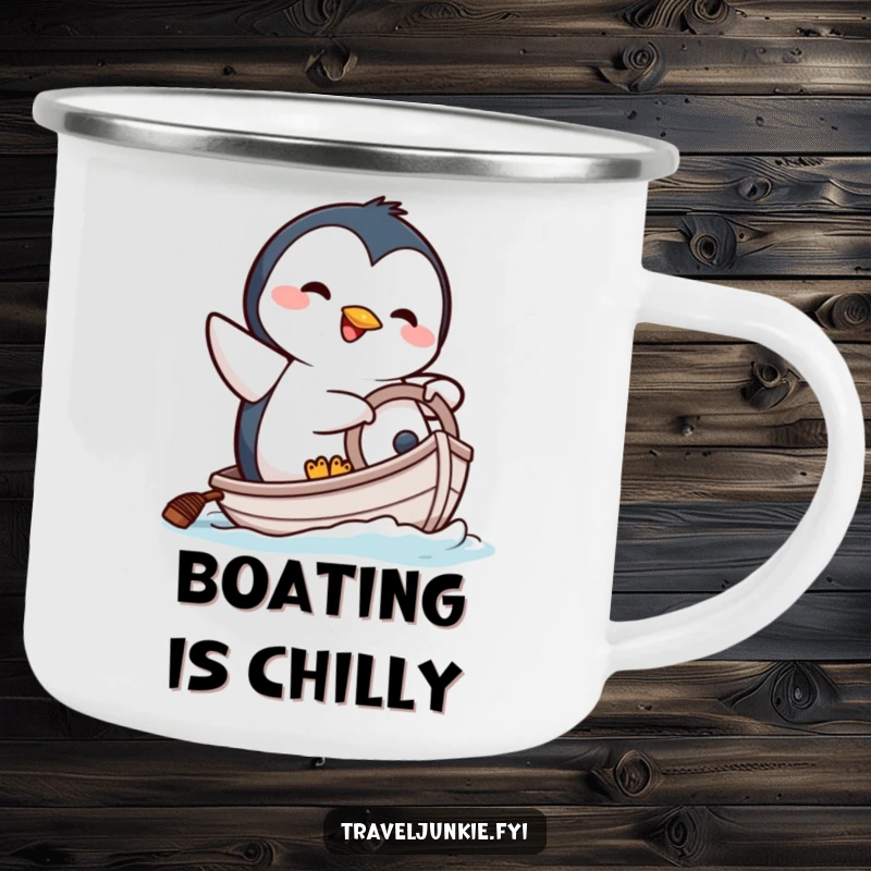 Funny camping mug with a happy penguin character comically attempting to steer a tiny boat, ready for outdoors.