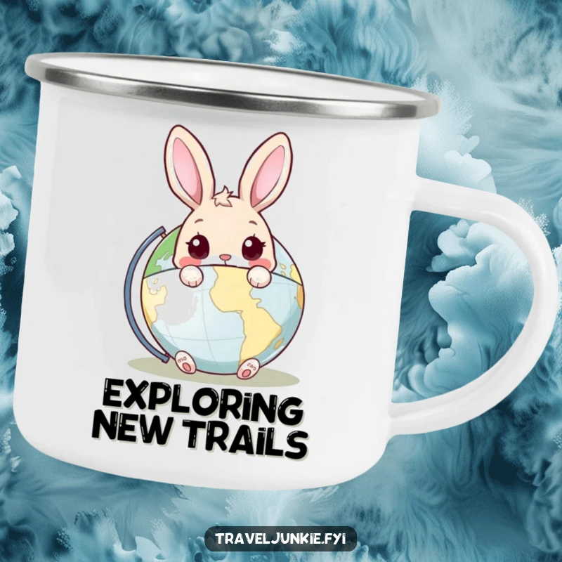 Funny Rabbit Camping Mug: A durable mug featuring a curious rabbit peeking from behind a world globe, ideal for outdoor adventures.