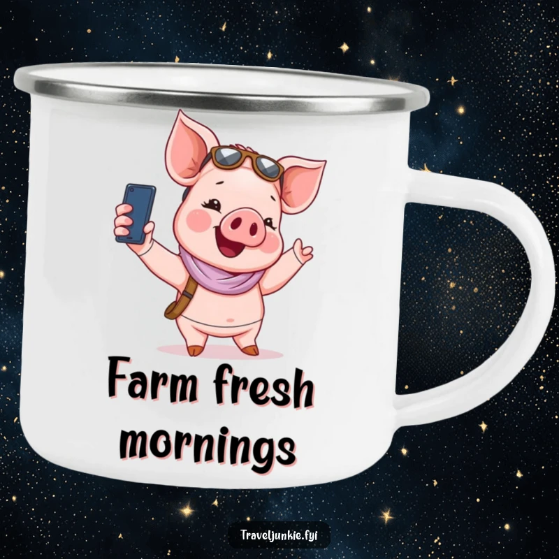 Funny Camping Mug: A giggling piglet tourist takes a selfie, ideal for funny outdoor memories.