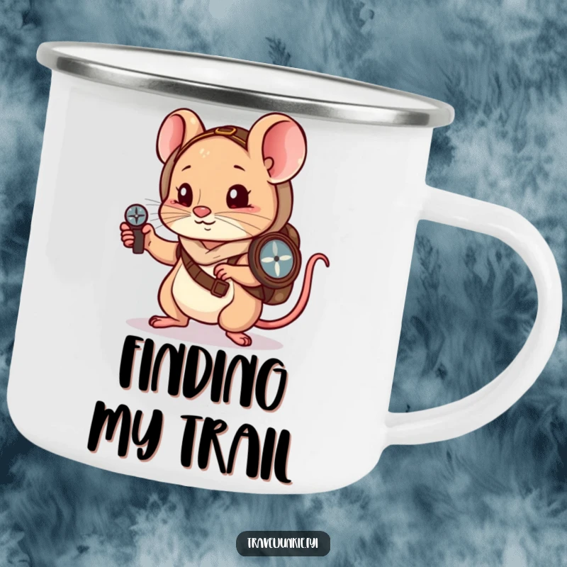 Funny Camping Mug: A little mouse wanderer navigates with a compass, ideal for funny outdoor journeys.