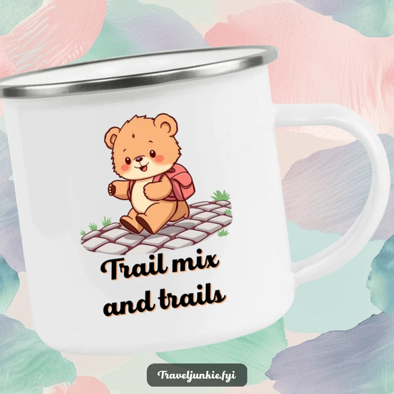 Funny camping mug depicting a bear cub with a backpack skipping happily on cobblestones, perfect for outdoor use with a cheerful theme.