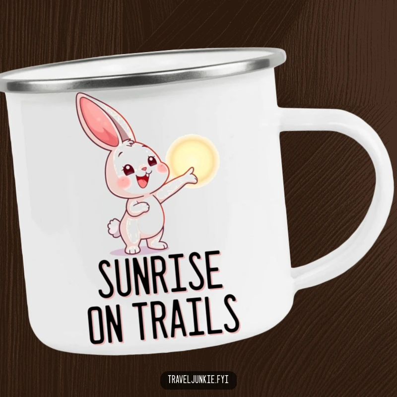 Funny camping mug showing a bunny pointing at a horizon, perfect for outdoor use with an inspirational and humorous theme.