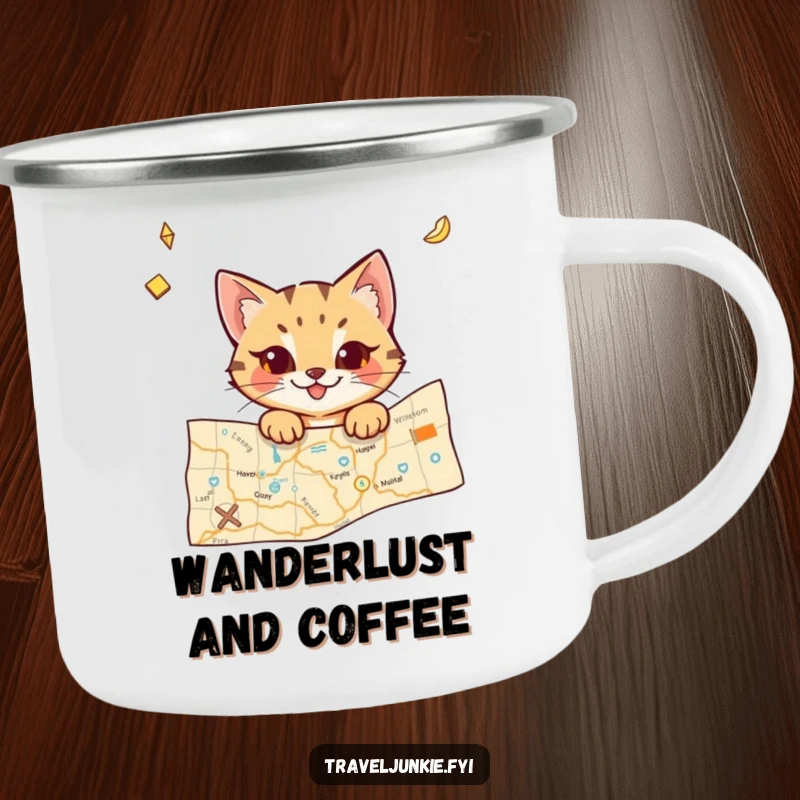 Funny cat camping mug featuring a mischievous character peeking from a travel map, designed for outdoor use with a humorous travel theme.