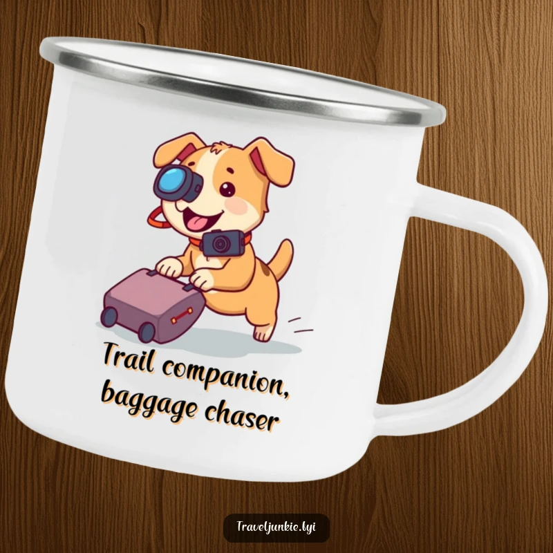 Funny dog camping mug, a playful dog with a camera chasing a rolling suitcase, perfect for outdoor drinkers.
