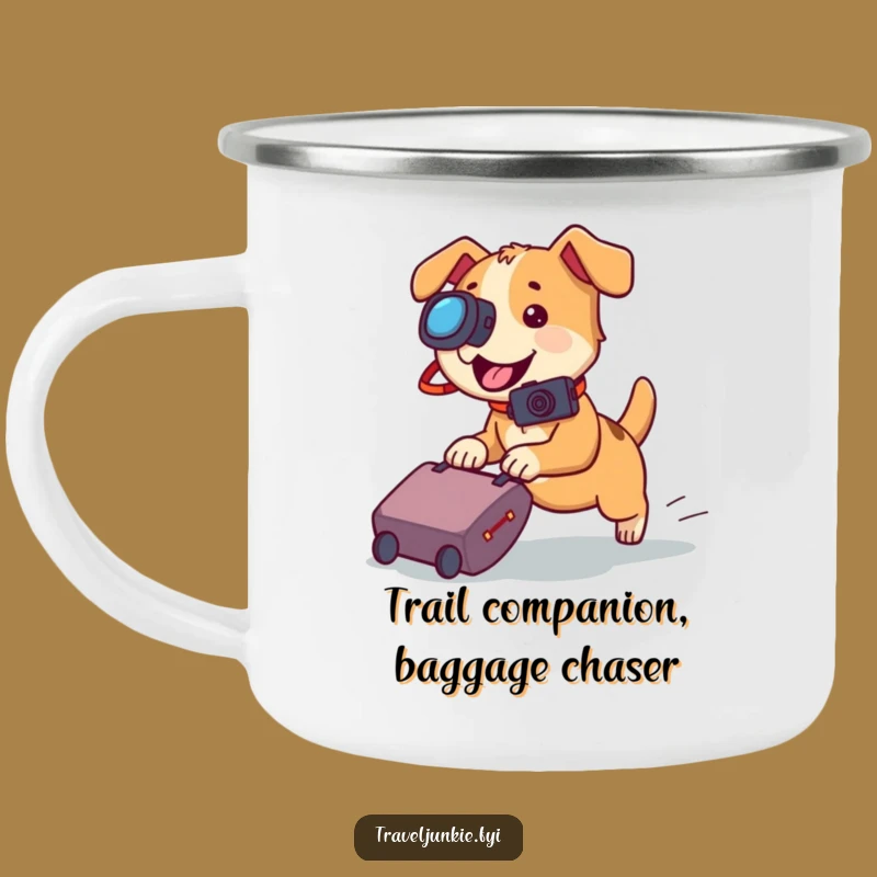Funny Dog Camera Camping Mug: Playful Suitcase Chase for Outdoor Fun